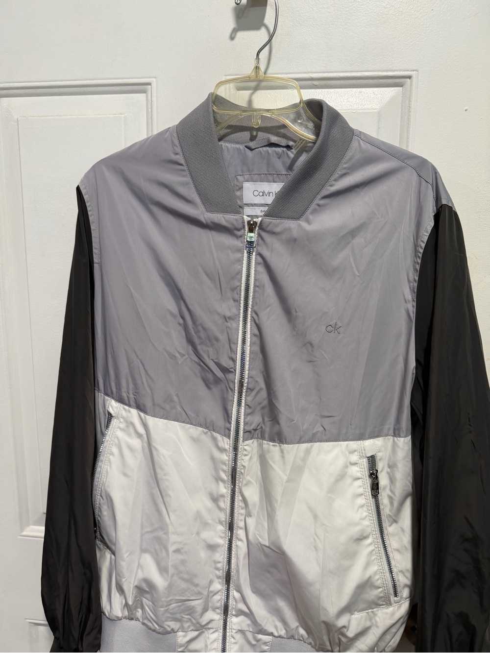 Calvin Klein Men’s Gray White Black Colorblock Bomber Jacket